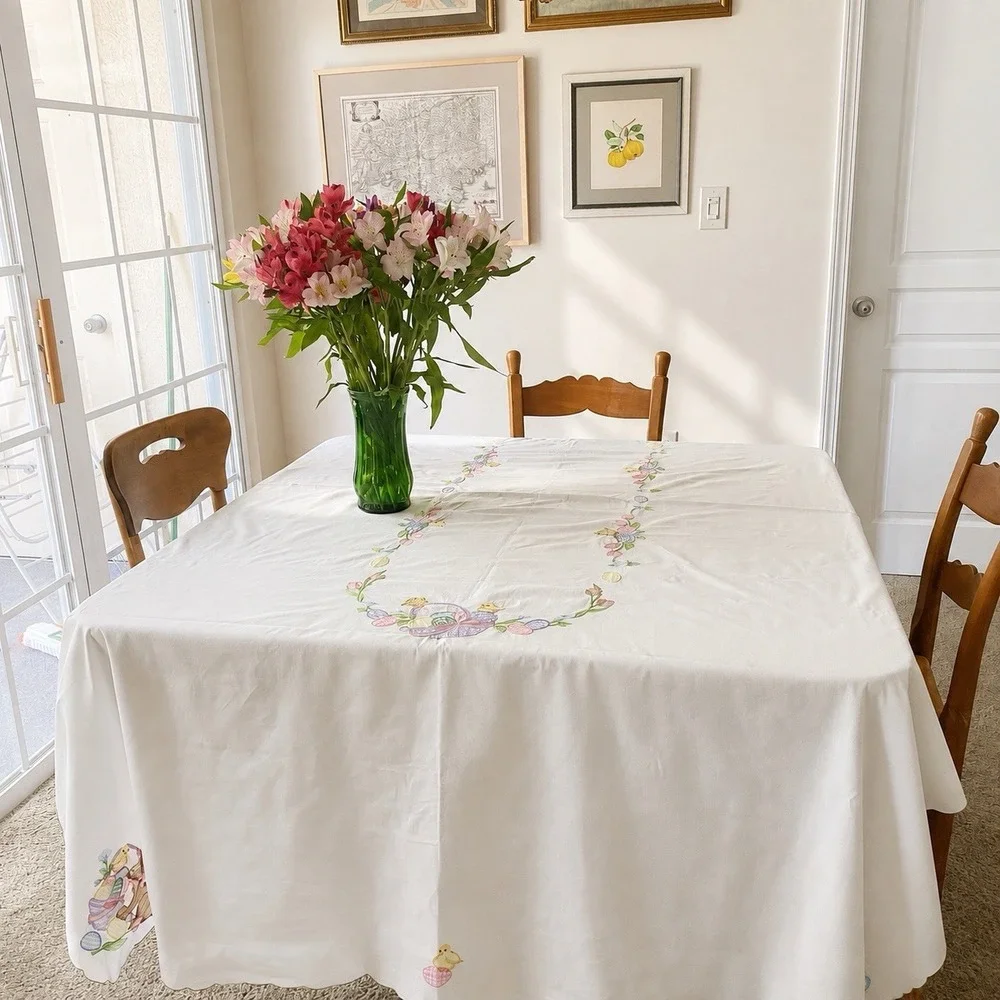 Vintage Easter Embroidered Appliqued Tablecloth Rectangular 102x62